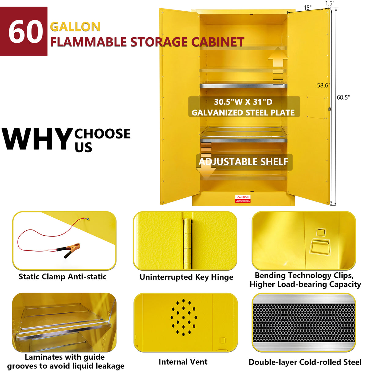 60 Gal Flammable Safety Cabinet, 34"W x 34"D x 65"H