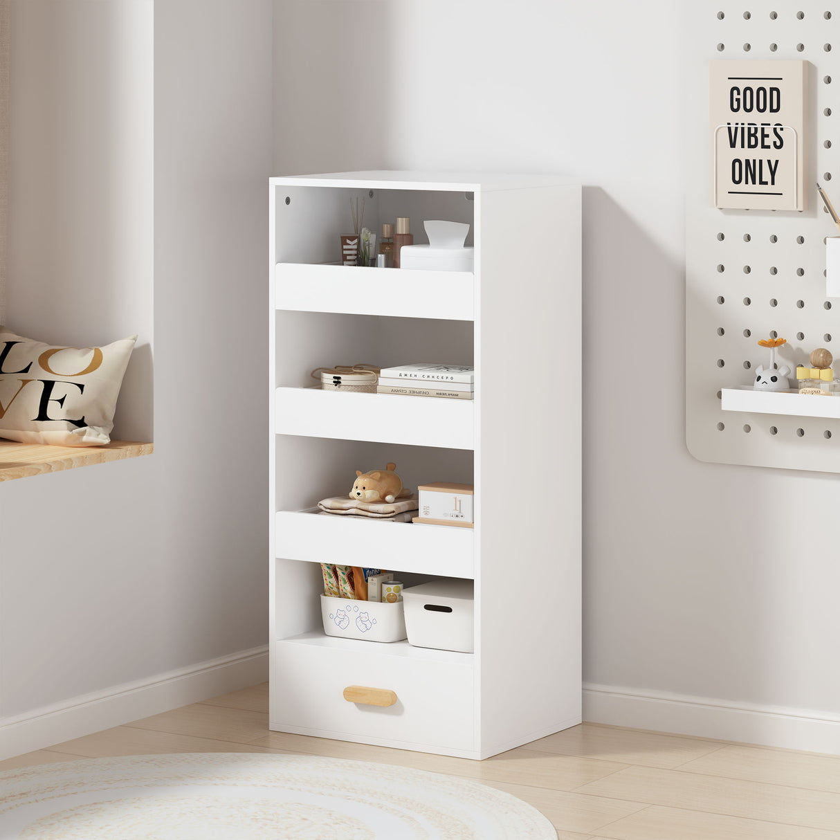 4 Tier Freestanding Bookshelf With 3 Sliding Drawers And 1 Bottom Drawer - White