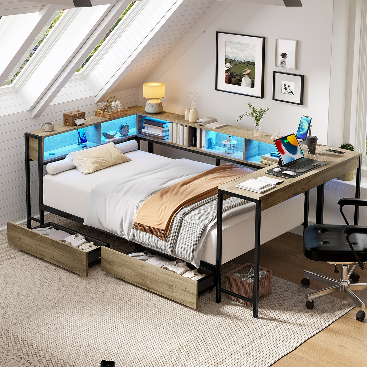 Corner Bed Frame Full Size with Bookcase and Storage Drawers