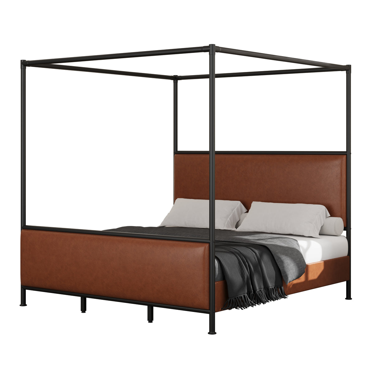 King Size Canopy Bed Frame With PU Upholstered Headboard