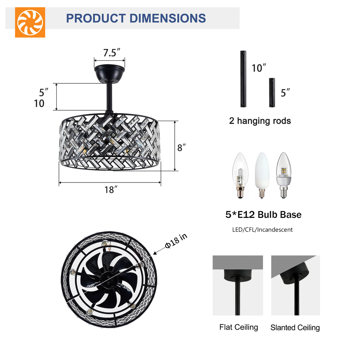 18'' Crystal Cage Ceiling Fan with Remote Control