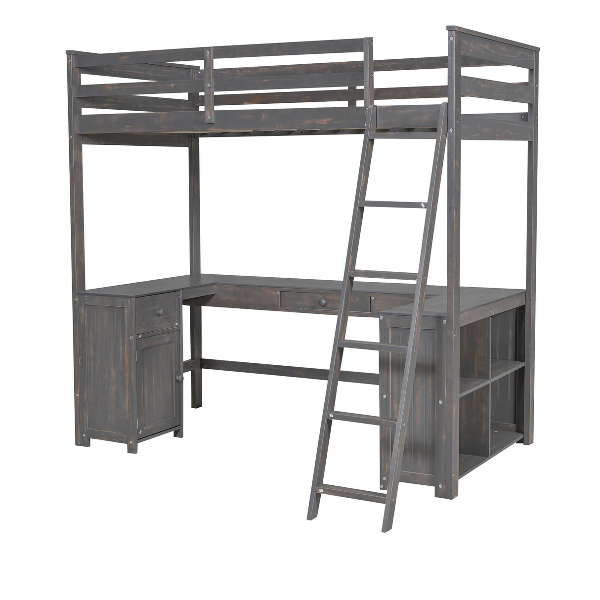 Loft Bed With U-Shaped Desk, Drawers, And Storage Shelves