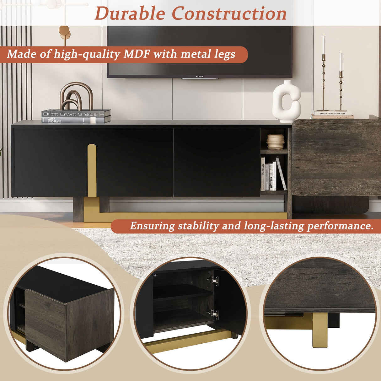 TV Stand With 1 Drawer, 2 Cabinets And Adjustable Shelves