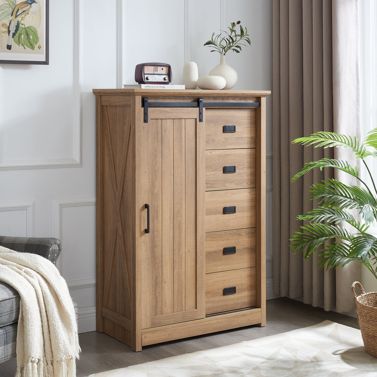 5 Drawers Dresser with Sliding Barn Door