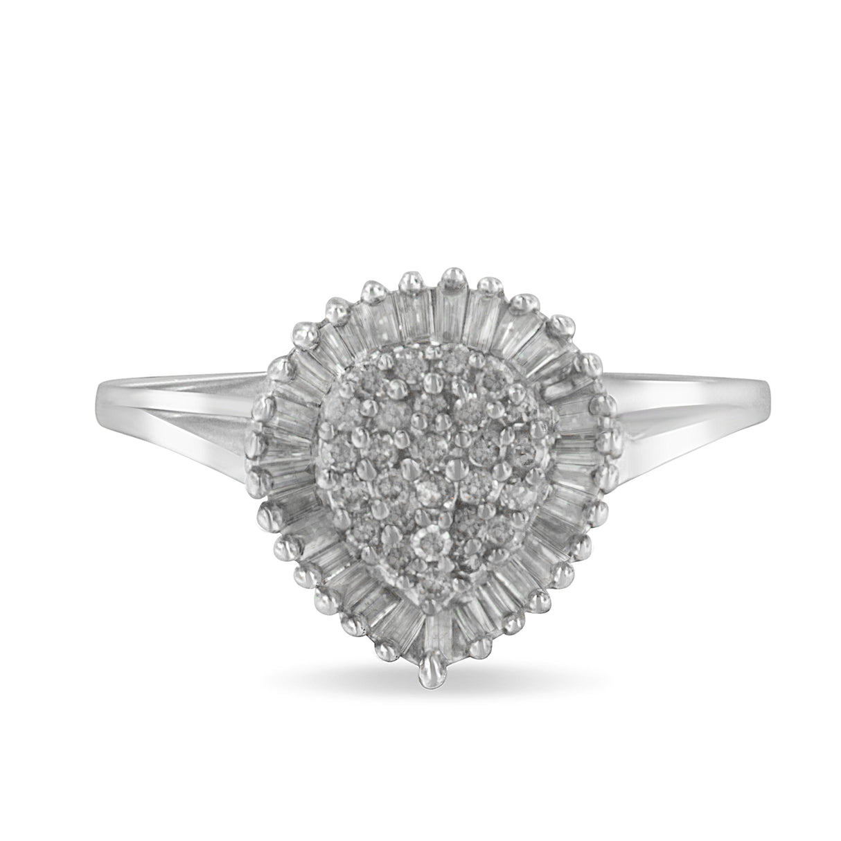 10K White Gold 1/2 Cttw Round & Baguette Cut Diamond Pear Shaped Domed Pavé Cluster with Halo Cocktail Ring (H-I Color, SI1-SI2 Clarity) - Size 5