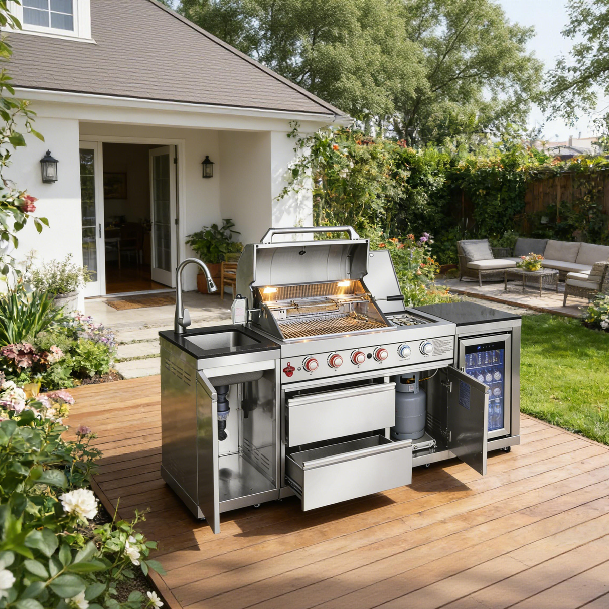 Outdoor Kitchen Island 85.2 Inch 4+1 Burner Propane Gas BBQ Grill 71500 BTU 304 Stainless Steel