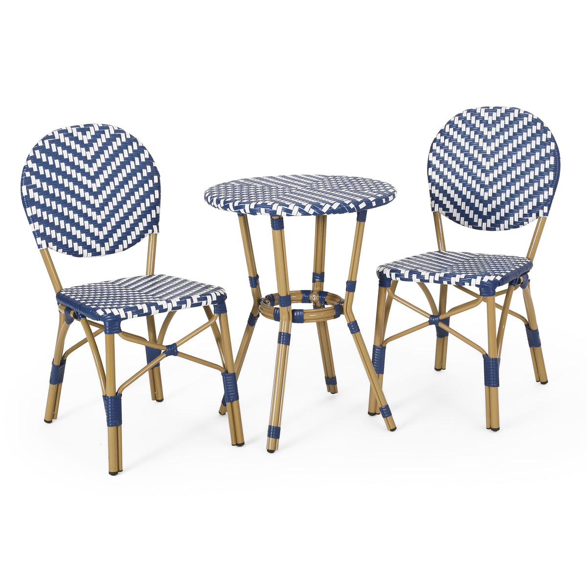 Outdoor Aluminum 3 Piece French Bistro Set with Durable Wicker - Bamboo Print Finish