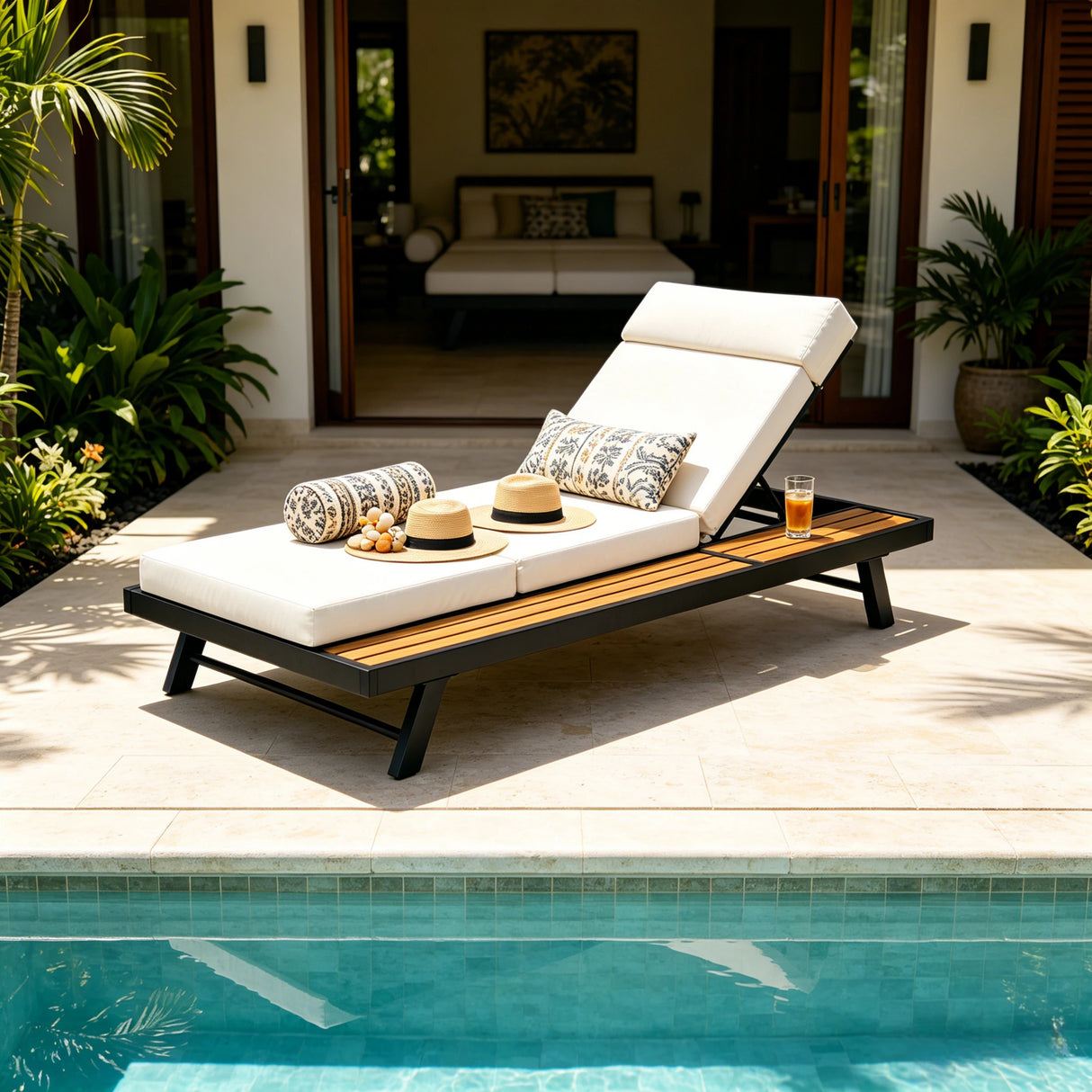 Black Iron and Teak Finish Outdoor Chaise Lounge Set