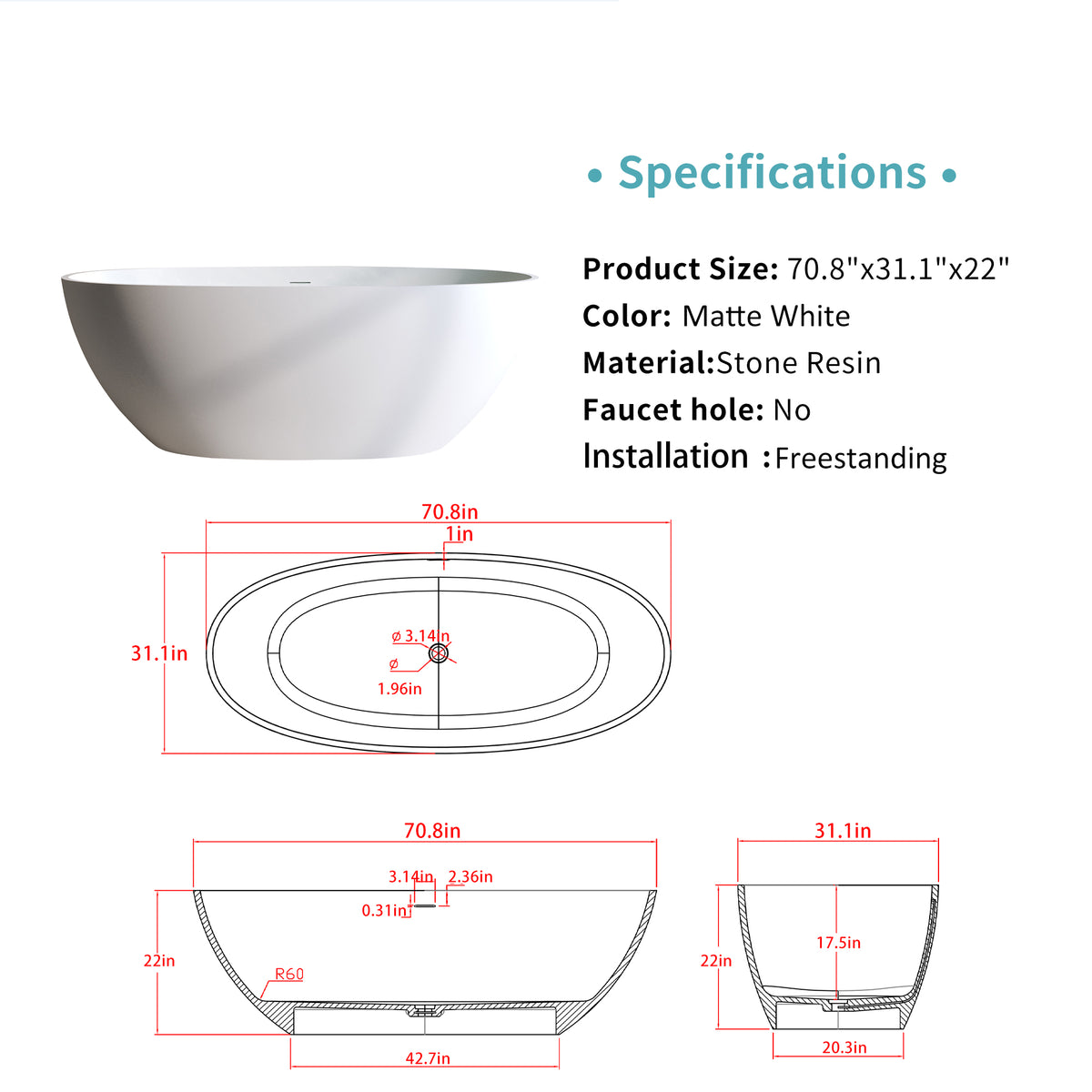 Solid Surface Freestanding Soaking Tub