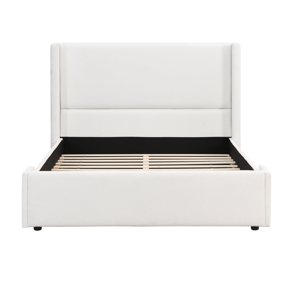 Elegant White Fabric Upholstered Wingback Bed, Queen