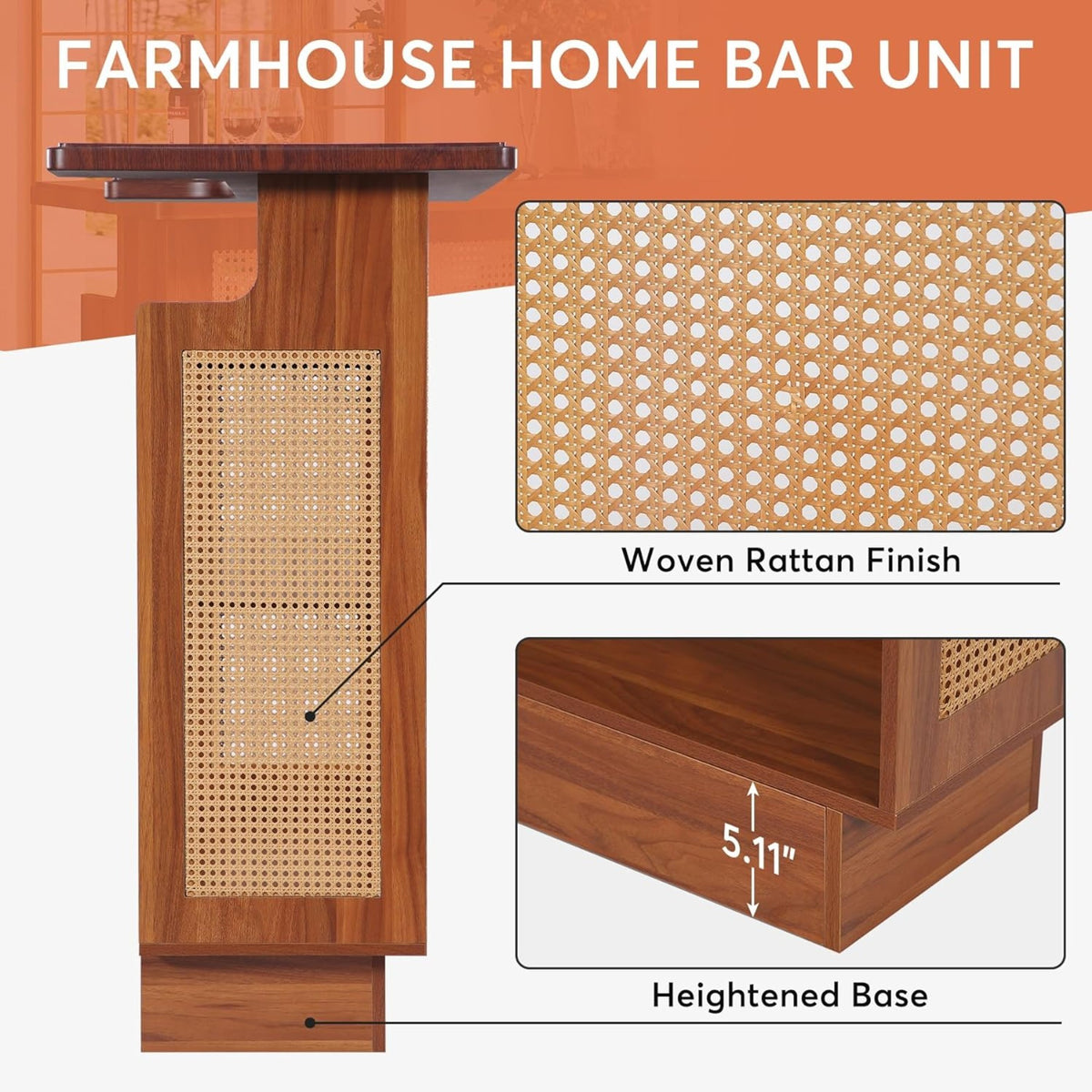 47.24 Inches Farmhouse Rattan Bar Unit