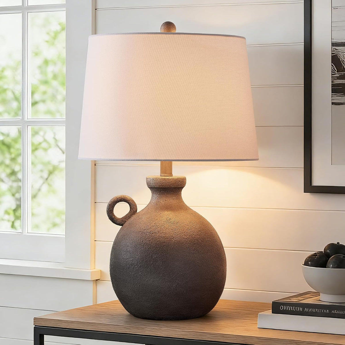 24-Inch Farmhouse Table Lamp, Resin Base with USB Port, Brown