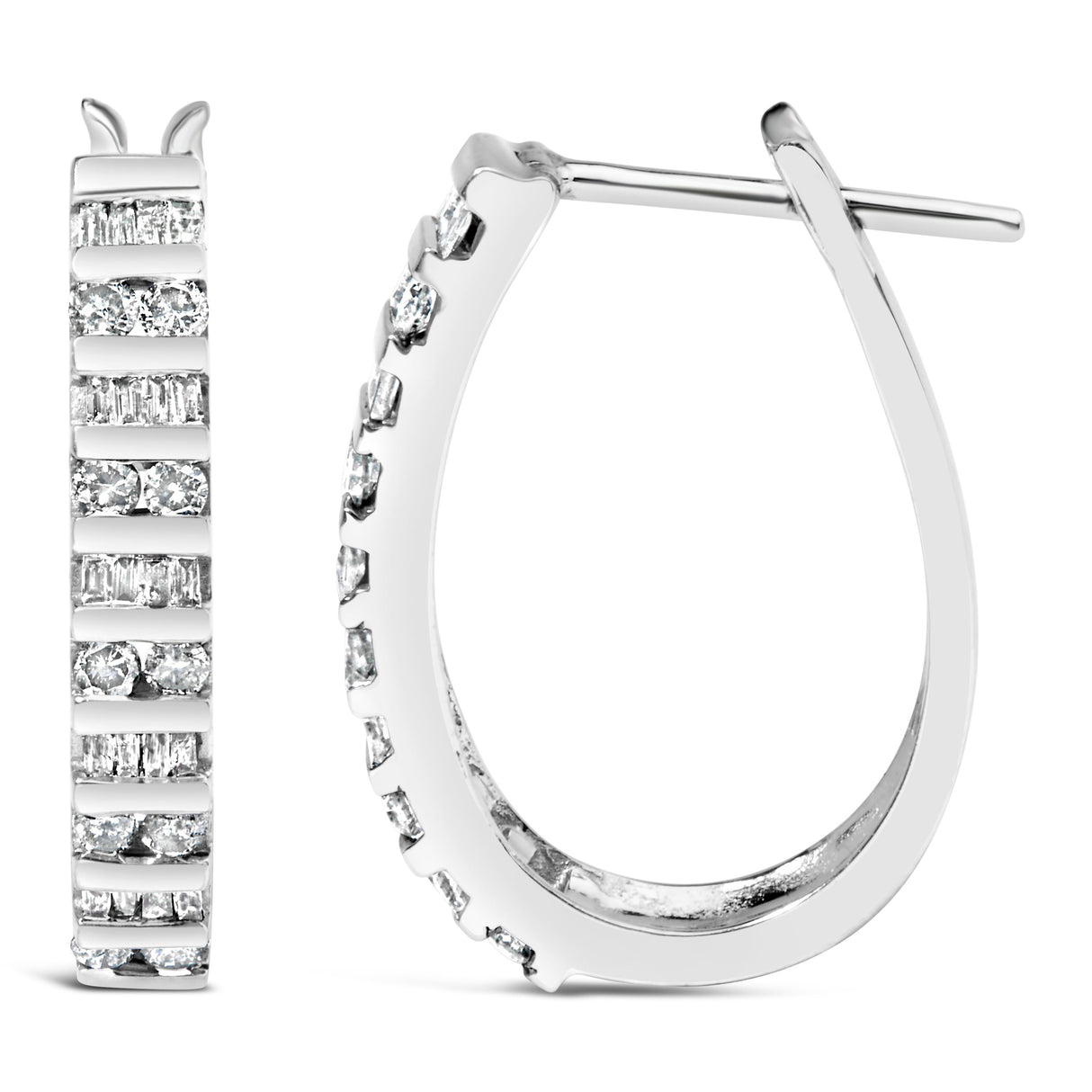 10K White Gold 1.0 Cttw Alternating Diamond "U" Hoop Earrings (I-J Color, I2-I3 Clarity)