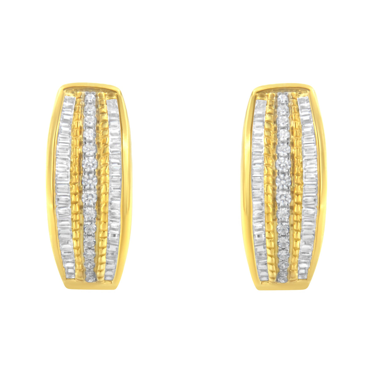 10K Yellow Gold 3/4 Cttw Pave and Channel Set Diamond Triple Row Modern Hoop Earrings (I-J Color, I2-I3 Clarity)