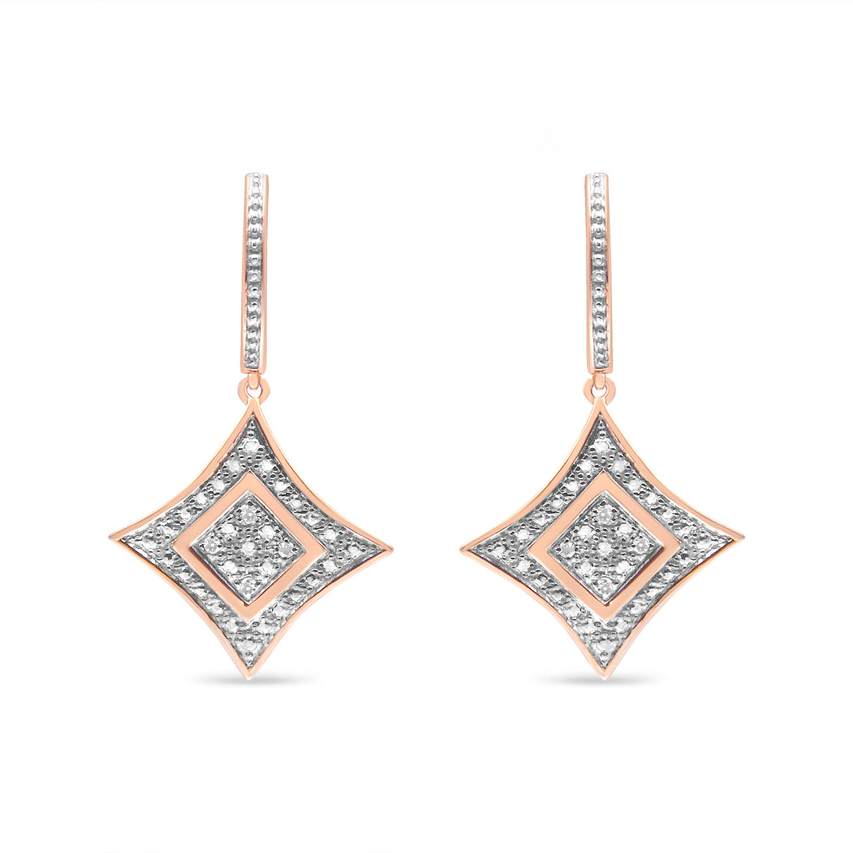 10K Rose Gold Plated Sterling Silver Round Cut Diamond Cushion Dangle Earrings (0.04 cttw, H-I Color, I2-I3 Clarity)