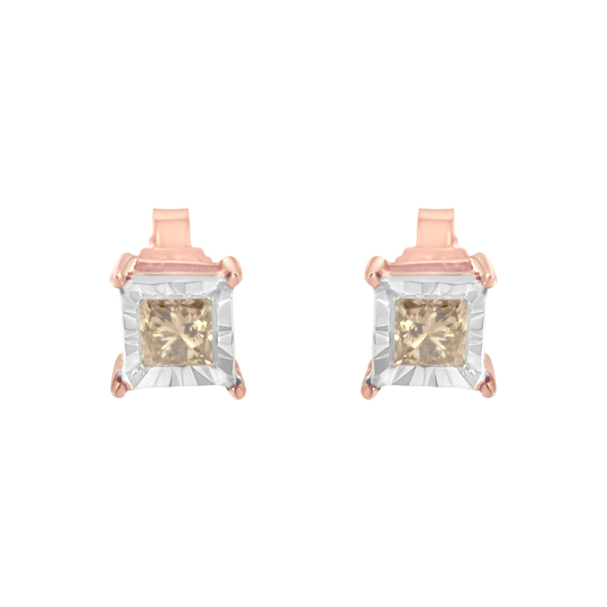 14K Rose Gold Plated Two-Tone .925 Sterling Silver 1/2 Cttw Princess-Cut Square Diamond Solitaire Miracle-Plate Stud Earrings (K-L Color, I2-I3 Clarity)