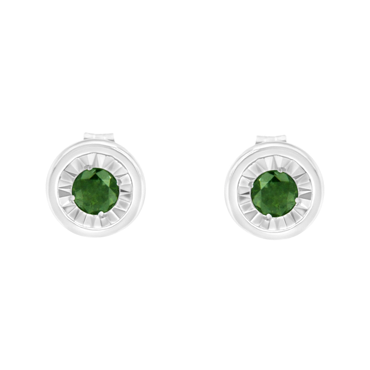 .925 Sterling Silver 1/4 Cttw Round Brilliant-Cut Green Diamond Miracle-Set Stud Earrings (Fancy Color-Enhanced, I1-I2 Clarity)