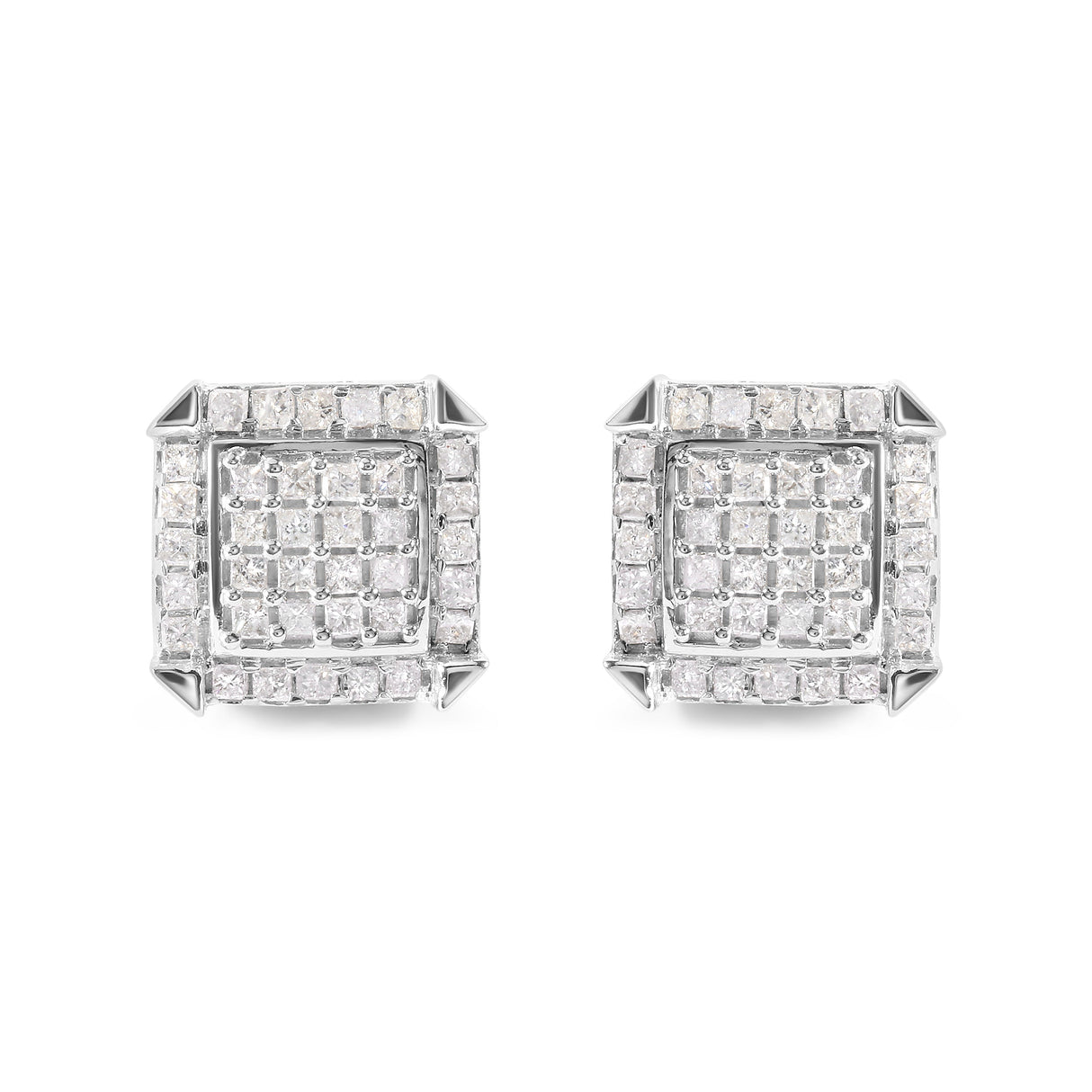 10K White Gold 1 1/10 Cttw Princess Diamond Composite and Halo Stud Earrings (I-J Color, I1-I2 Clarity)