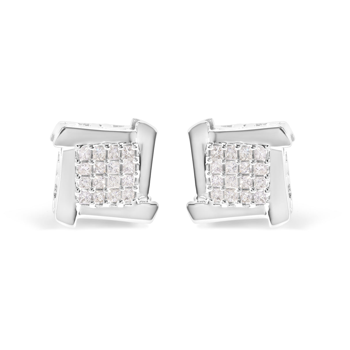 10K White Gold 1/2 Cttw Composite Princess Diamond Square and Swirl Stud Earrings (I-J Color, I1-I2 Clarity)