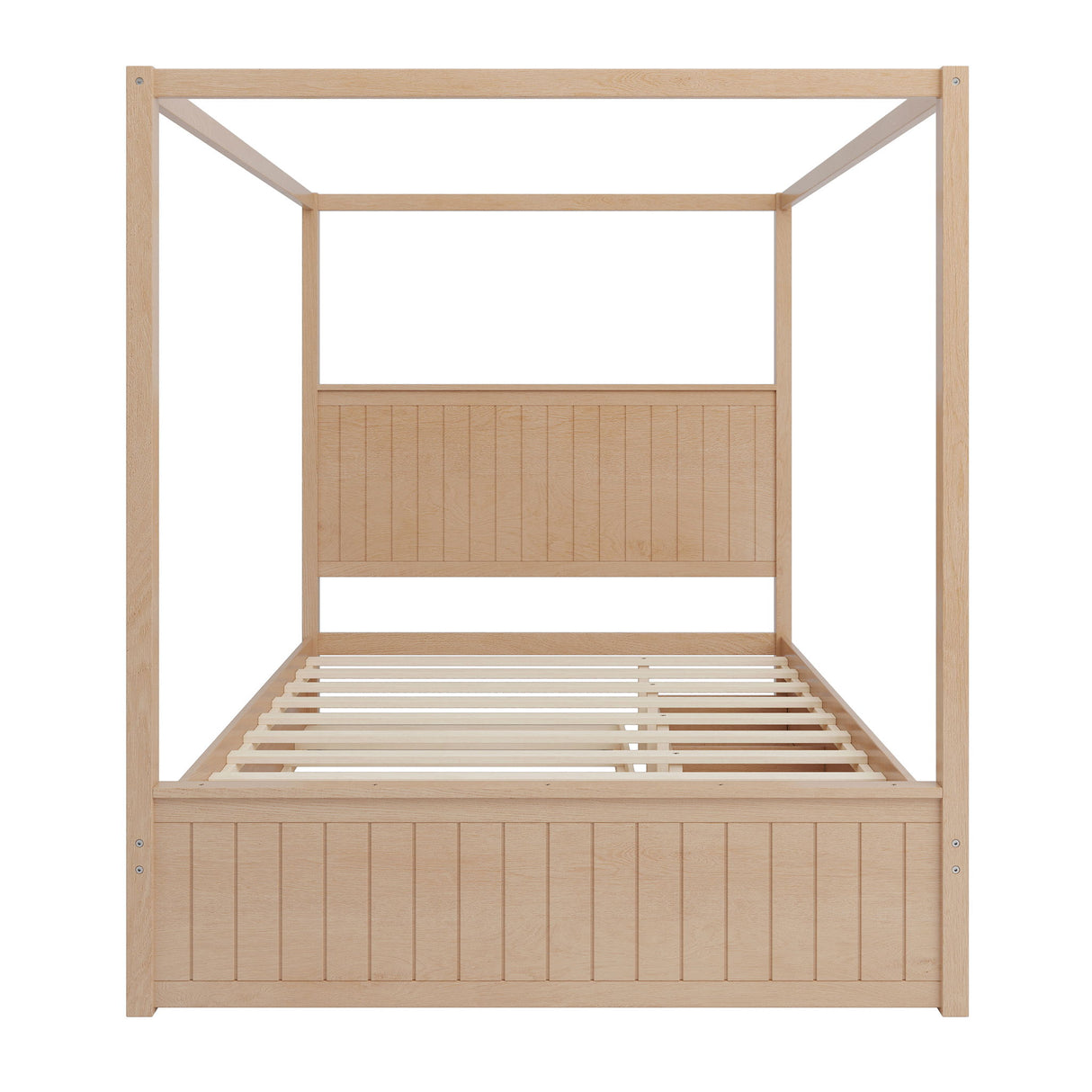 Queen Size Canopy Platform Bed With Trundle And 3 Storage Drawers, 4 Post, No Box Spring Needed - Natural