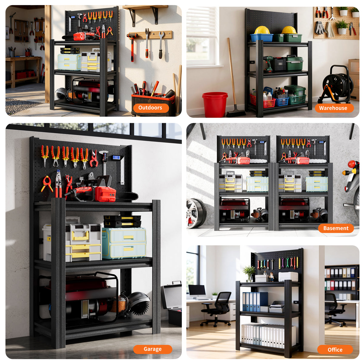 3-Tier Heavy-Duty Metal Storage Shelving Unit with Pegboard