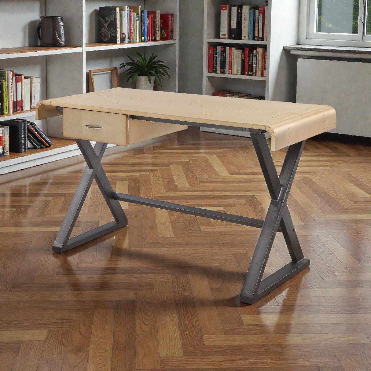 Danton - Aluminum Top Grain Leather Rectangular Writing Desk - Gold