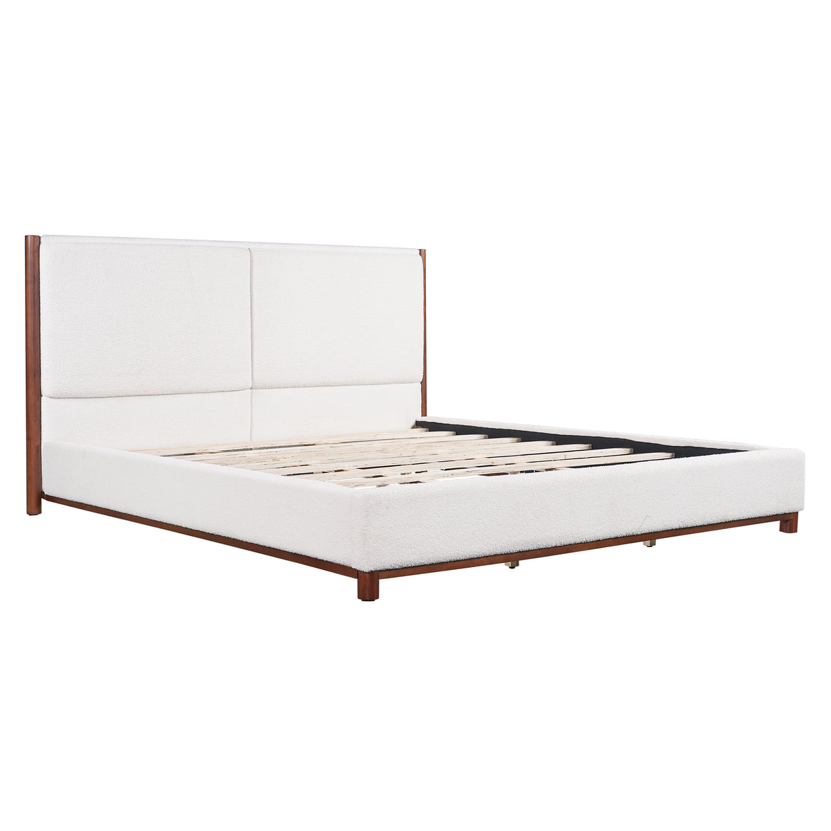 King Size Upholstered Bed Frame with Slat Support - White & Walnut