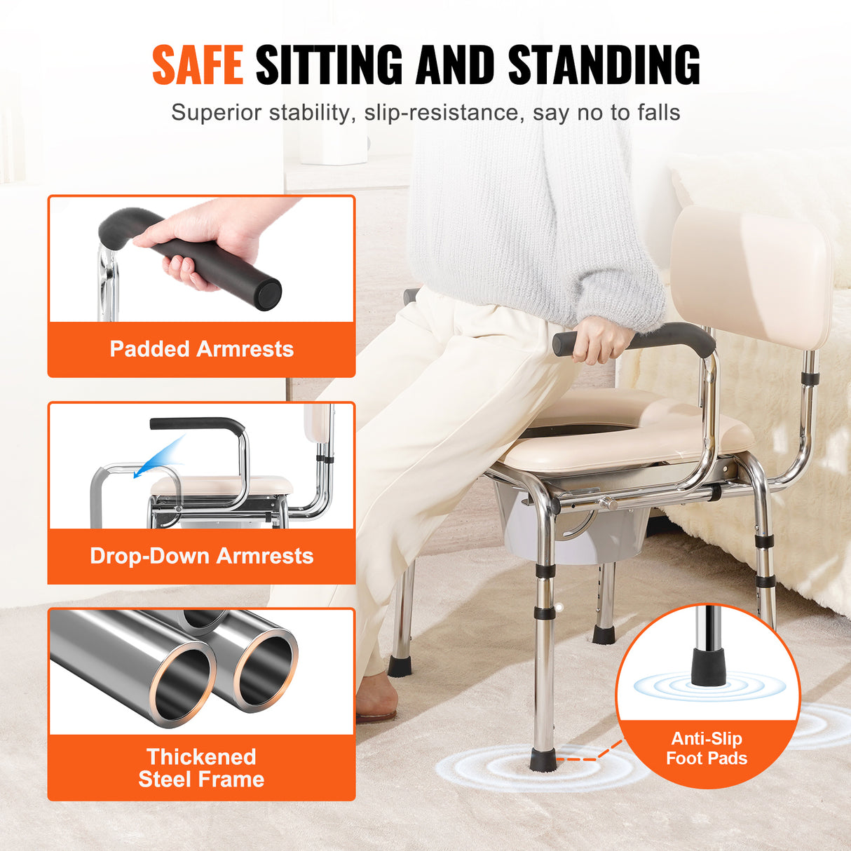 Commode Chair with Padded Seat and Adjustable Height