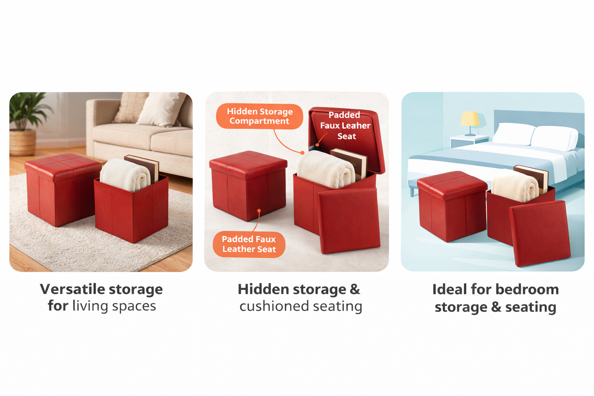 Folding Storage Ottoman Foot Rest Stool – Faux Leather Ottoman Bench with Hidden Storage for Books & Home Organization
