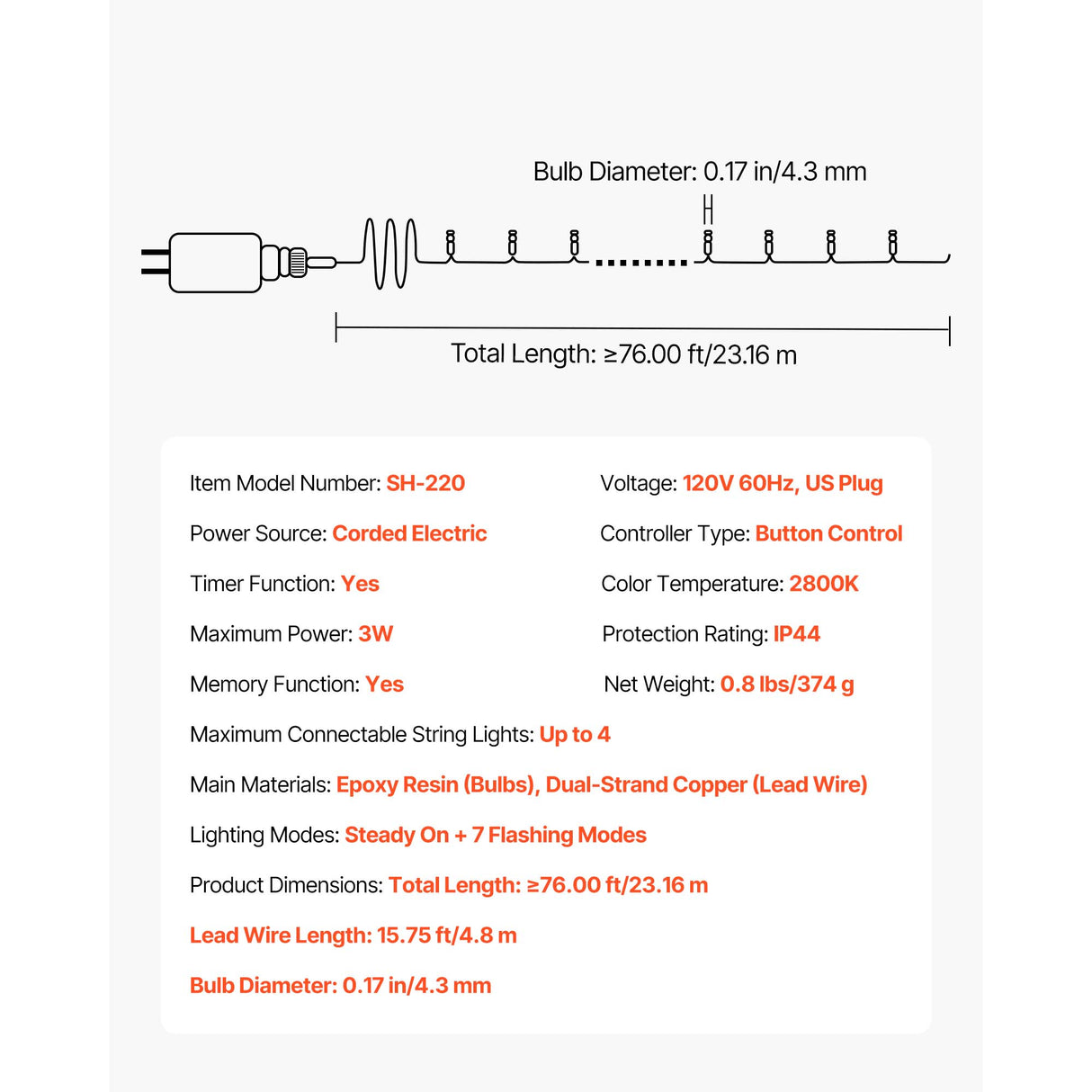 LED Christmas String Lights, 200 LED, 76 Ft Connectable Warm