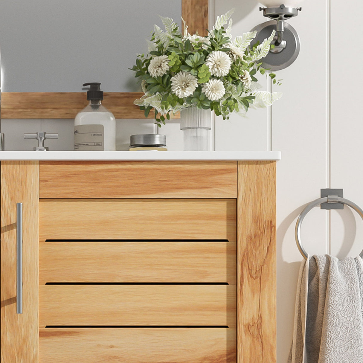 Bathroom Vanity With Ceramic Sink, Freestanding Cabinet - Antique Natural / Brown