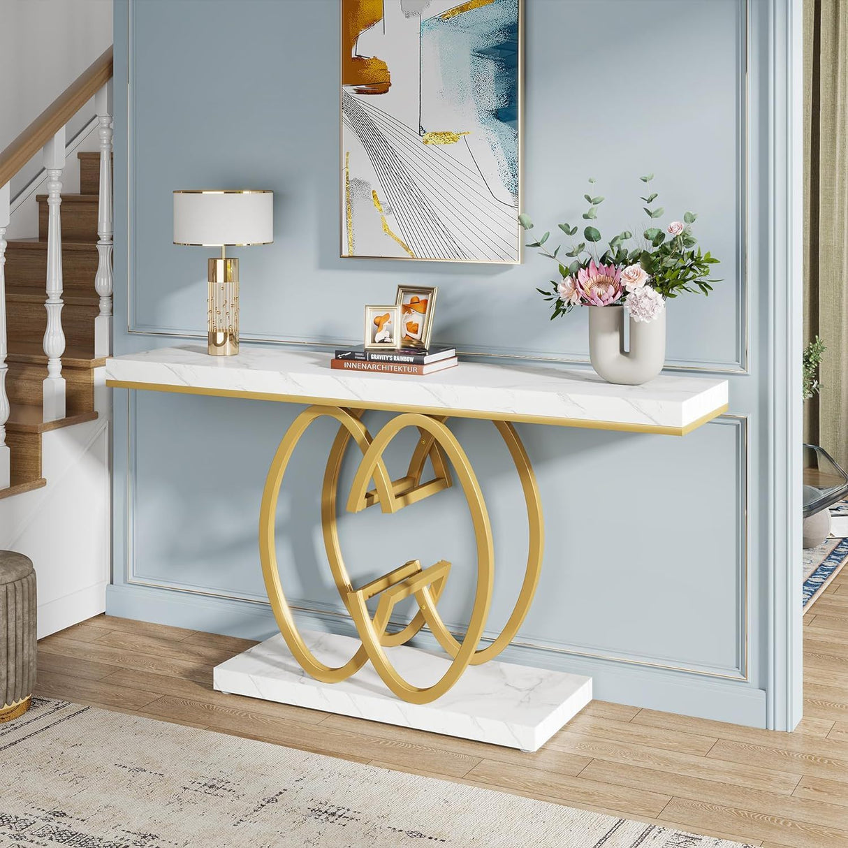 Console Table, Geometric Entryway Table For Living Hallway - White / Gold