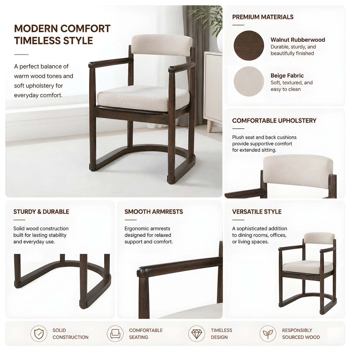 2 Pack Rubberwood Dining Arm Chairs