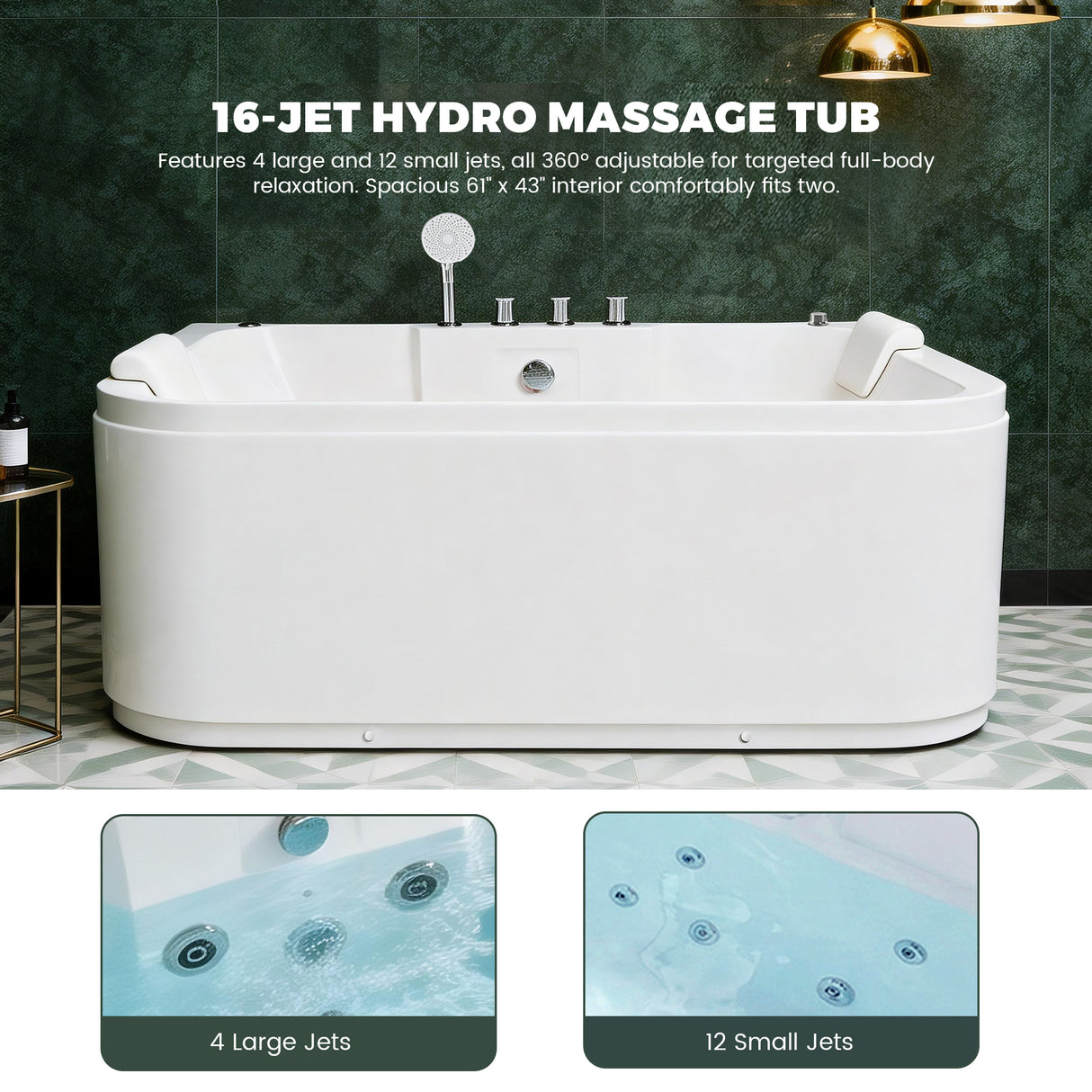 KORRA 61 Inch Acrylic Whirlpool Massage Bathtub for 2 Person