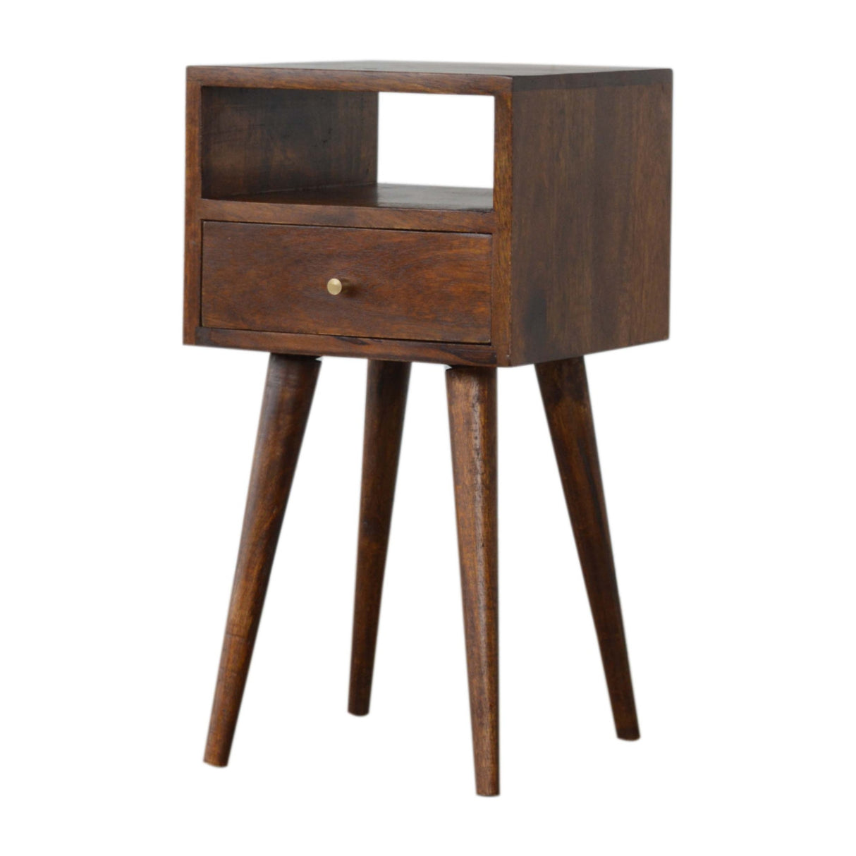 Solid Wood Mini Nightstand, 1-Drawer, 1 Open Slot, Chestnut
