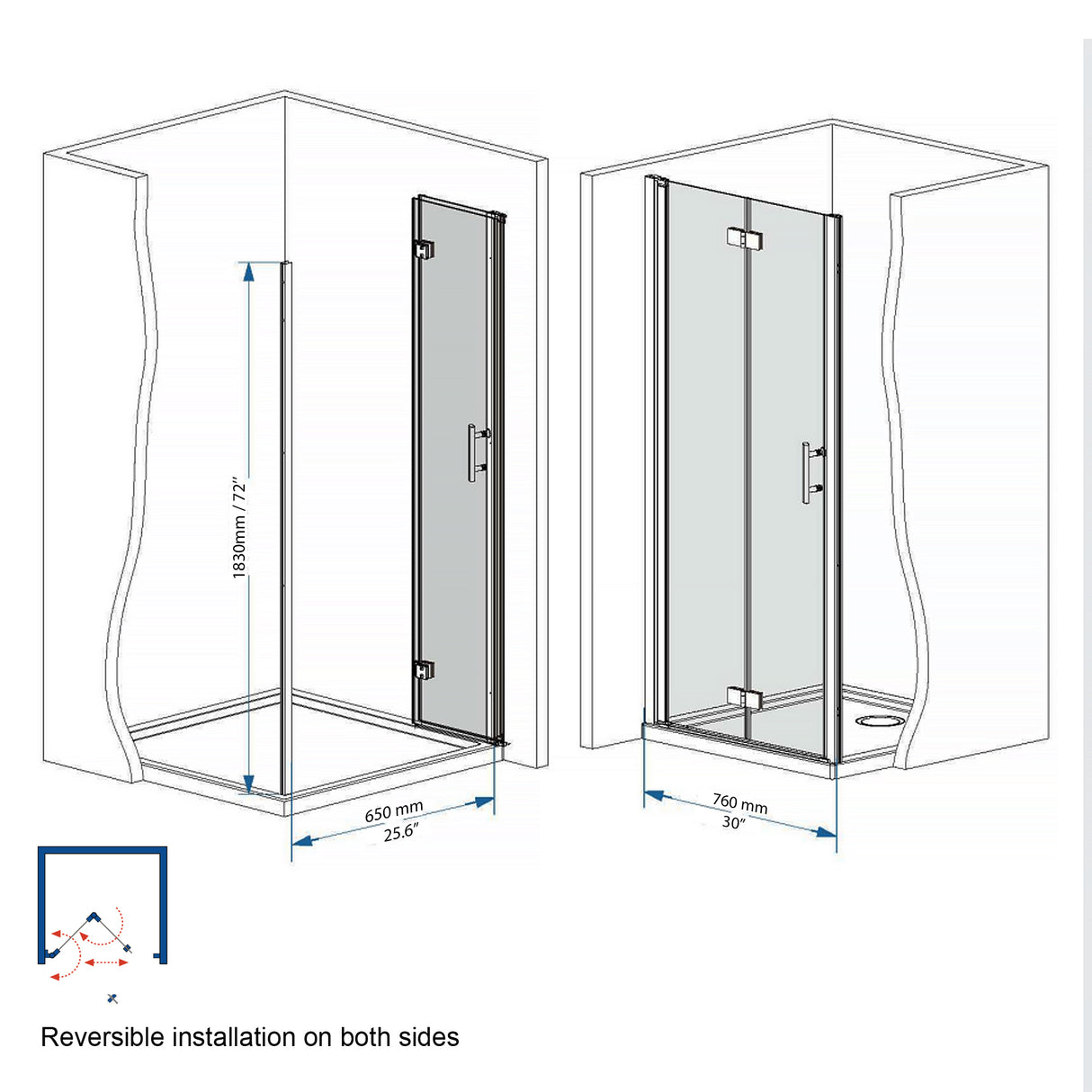 31-30"x 72" Bifold Shower Door, 1/4" (6mm) Tempered Glass