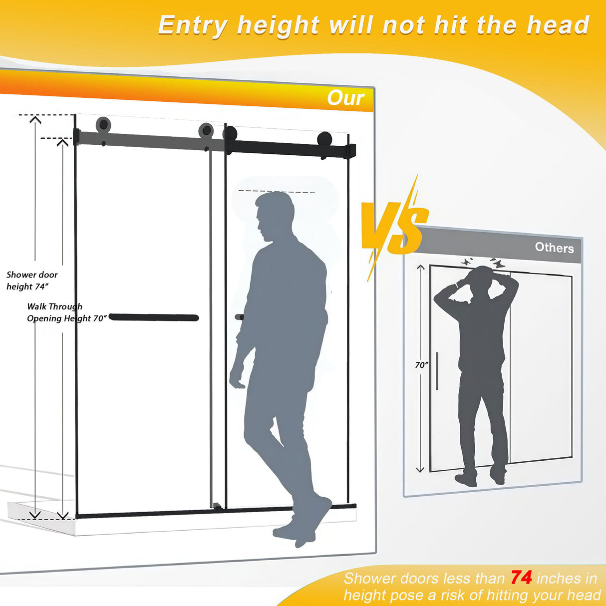 Frameless Double Sliding Shower Door, Tempered Glass, Explosion Proof Film, Square Tube Track - Brushed Gold