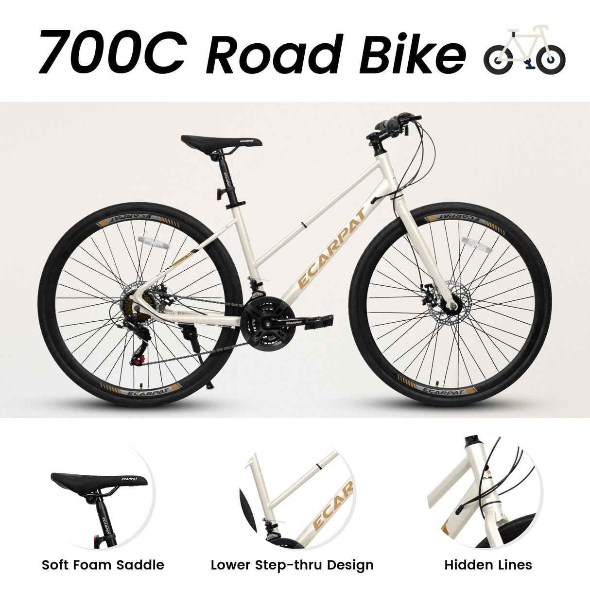 A28250 Road Bike With Aluminum Alloy Wheels, 21 Speed Gear System, Disc Brakes, Wide Tires