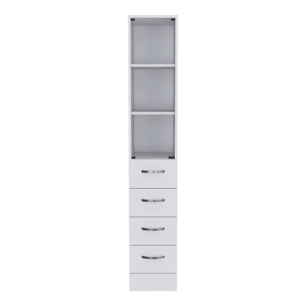 Linen Cabinet, 3 Shelves, 4 Drawers And Metal Handles - White