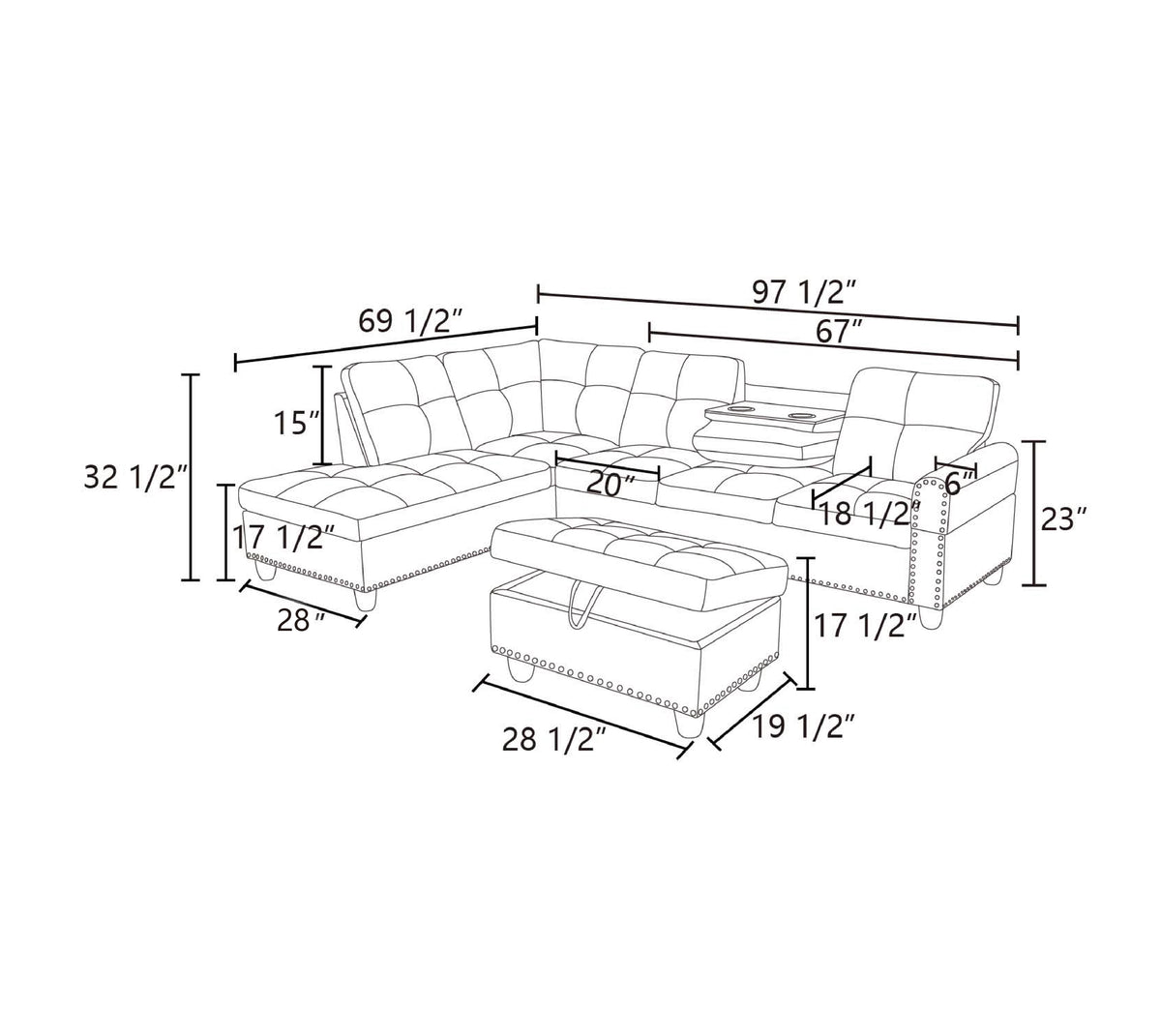 Reversible L-Shaped Sectional Couch with Storage Ottoman, Tufted