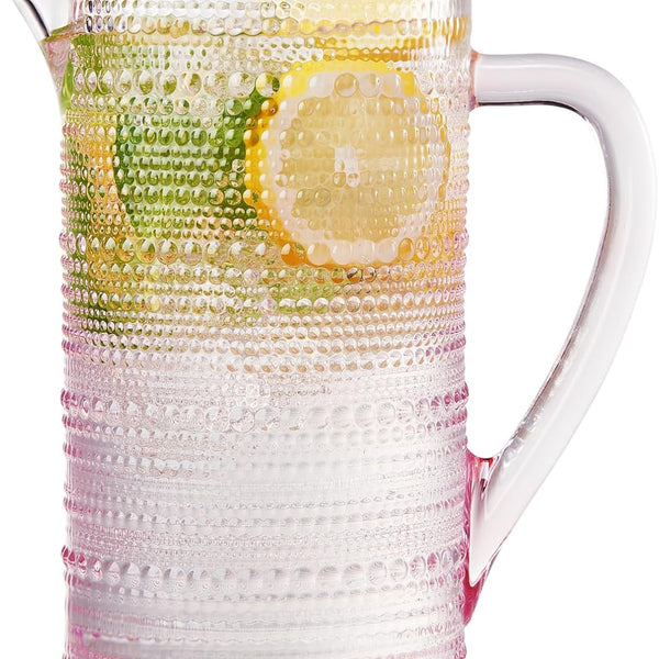Khen Hobnail Pitcher, Vintage Style Textured Artisan Design Borosilicate Glass Beverage Server Drinkware - 7.8 Inch Pink