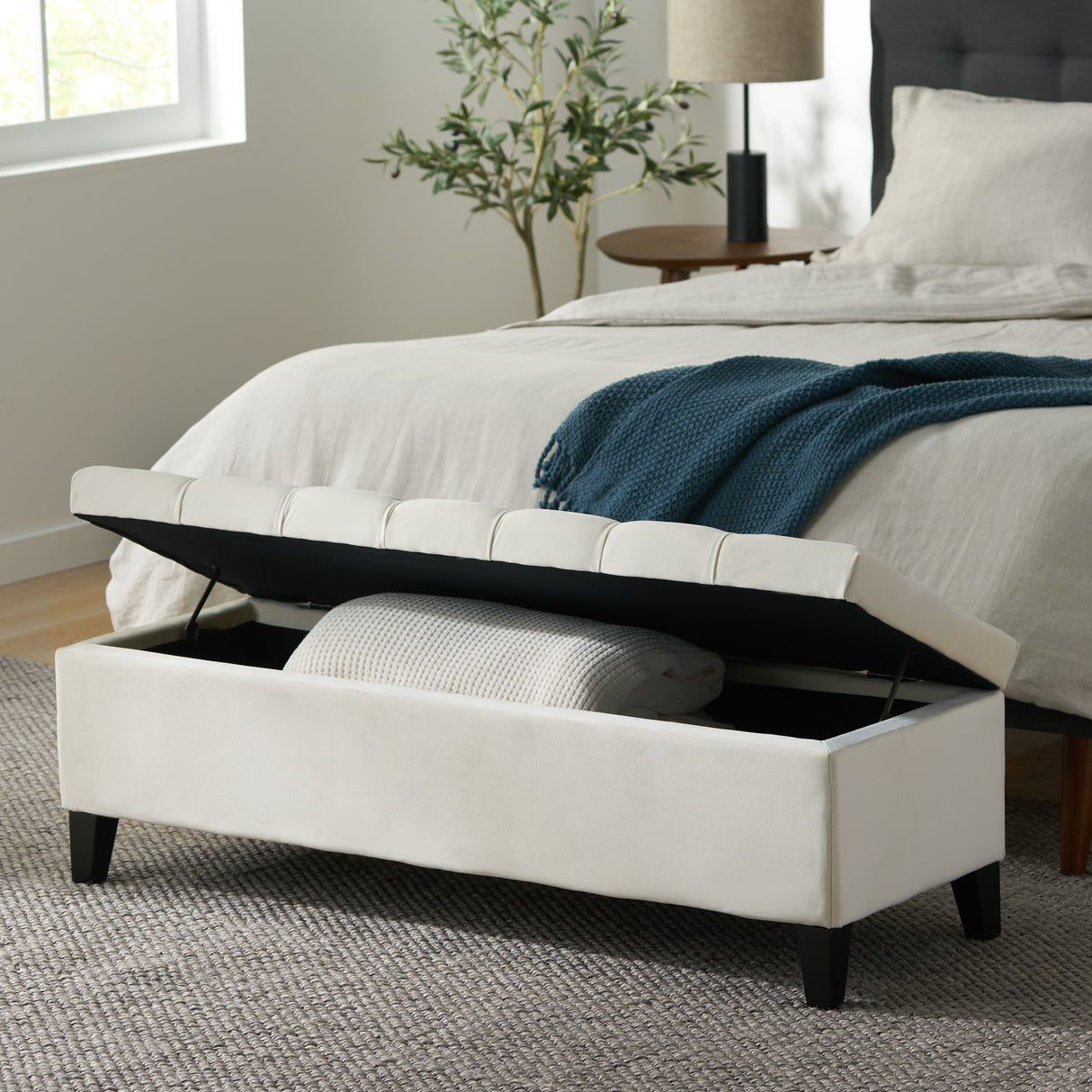 Button Tufted and Diamond Stitched Storage Ottoman