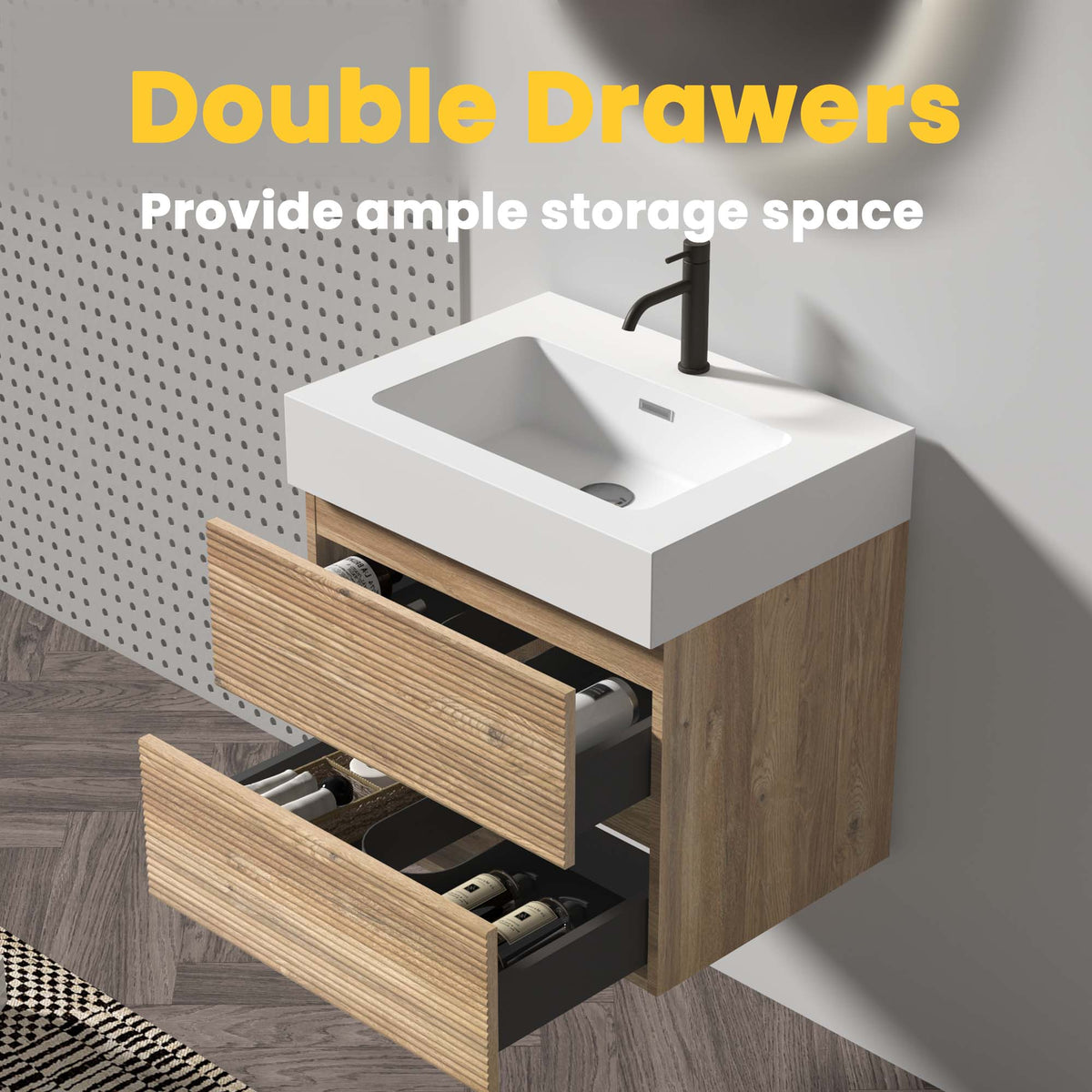 Grace 24-Inch Wall-Mounted Bathroom Vanity, Oak with White Solid Surface Sink