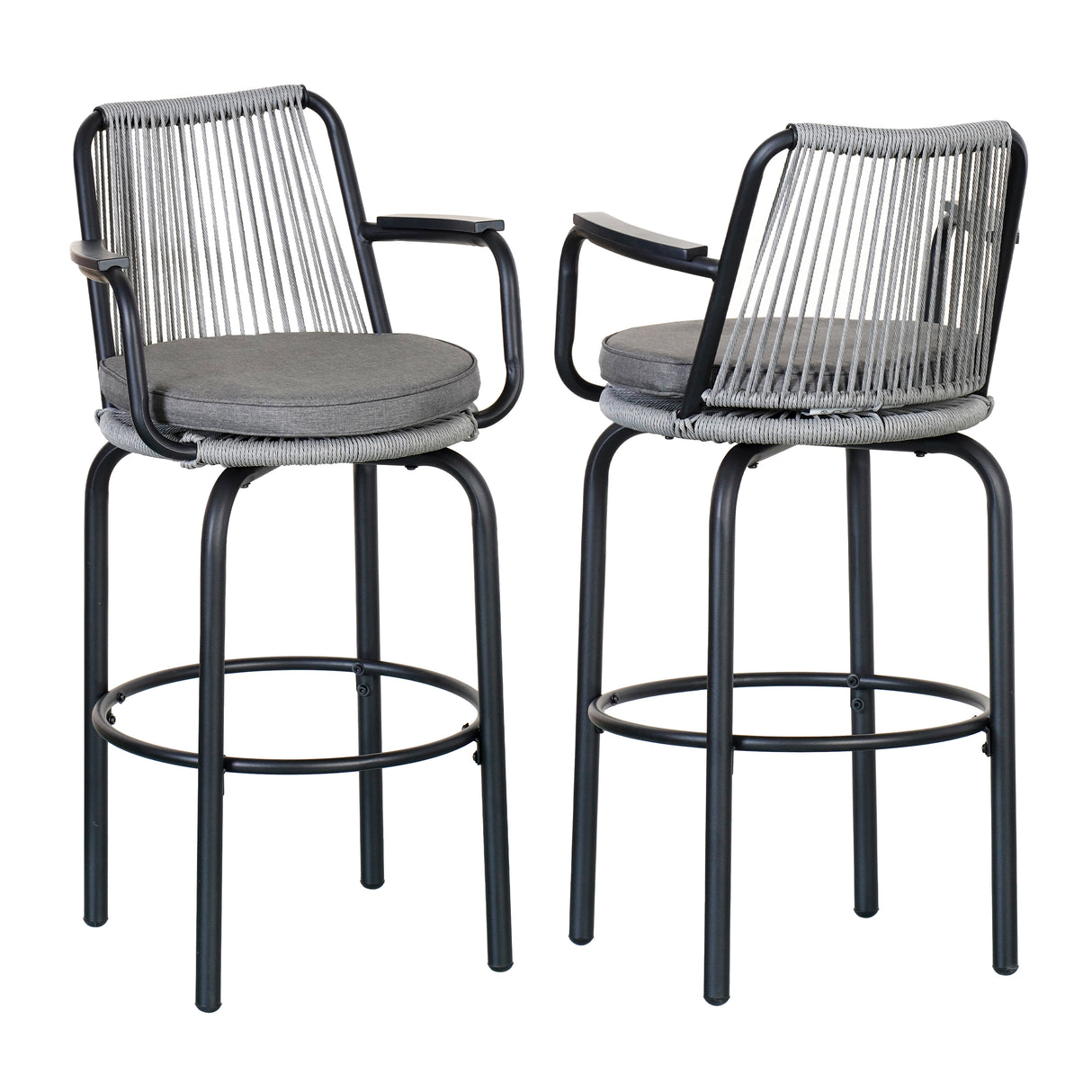 Outdoor Patio Bar Stools 29"H Set of 2, Modern Woven Rattan Rope Bar Height Chair