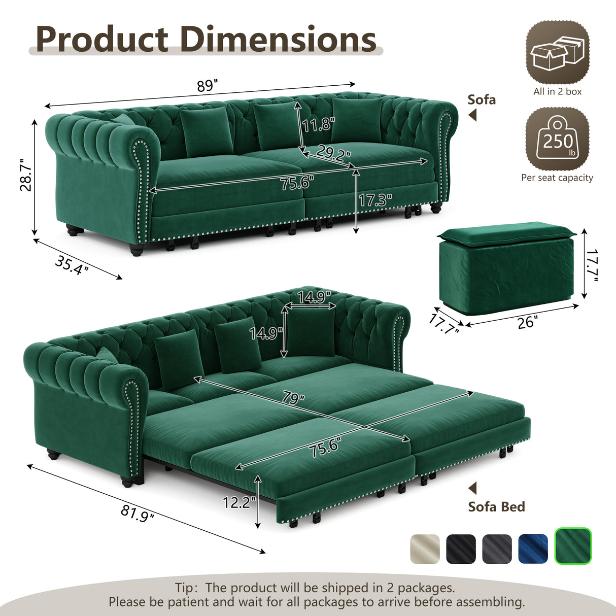 Chesterfield 3-in-1 Pull-Out Sofa Bed - Green