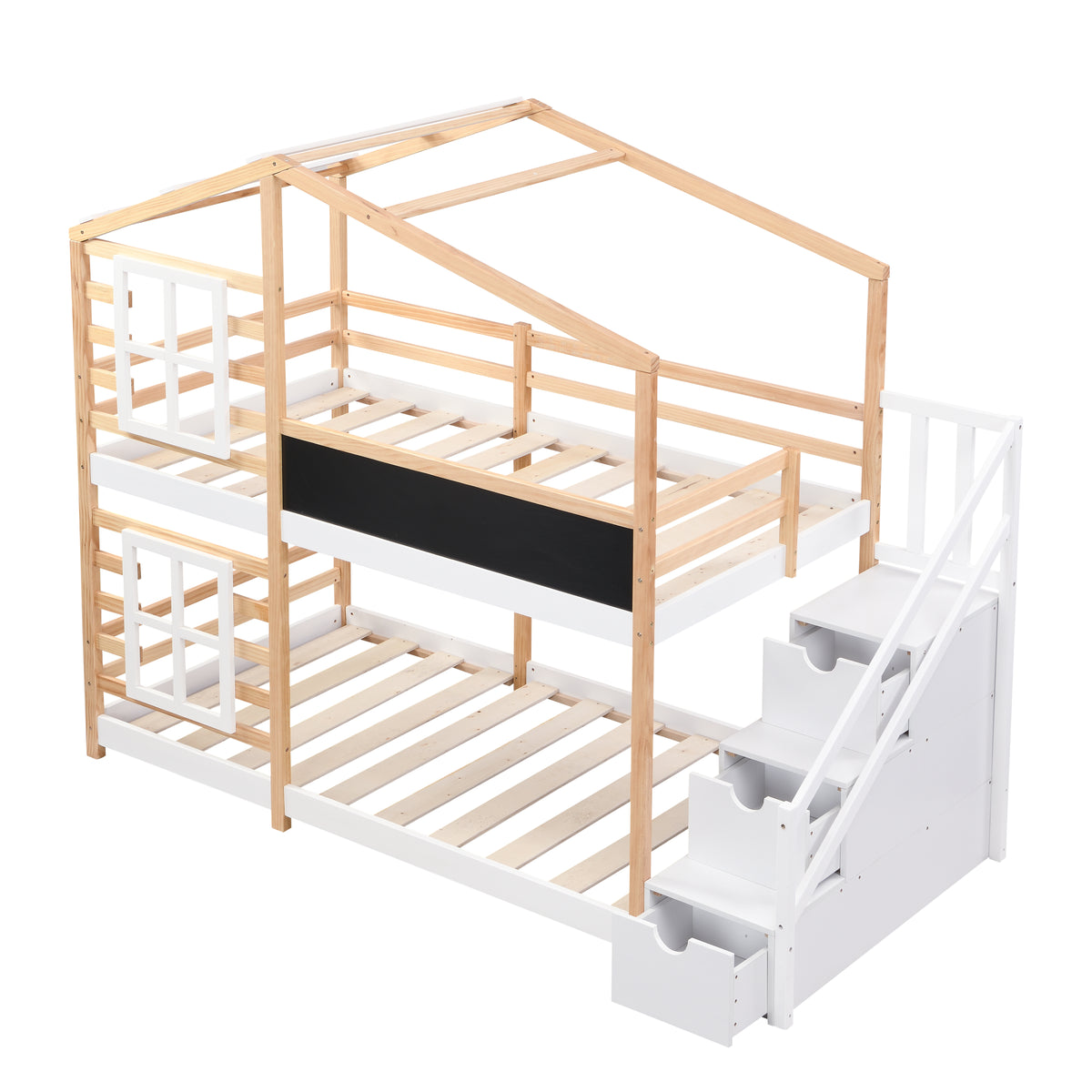 Twin Over Twin Bunk Bed House Bed With Roof and Storage