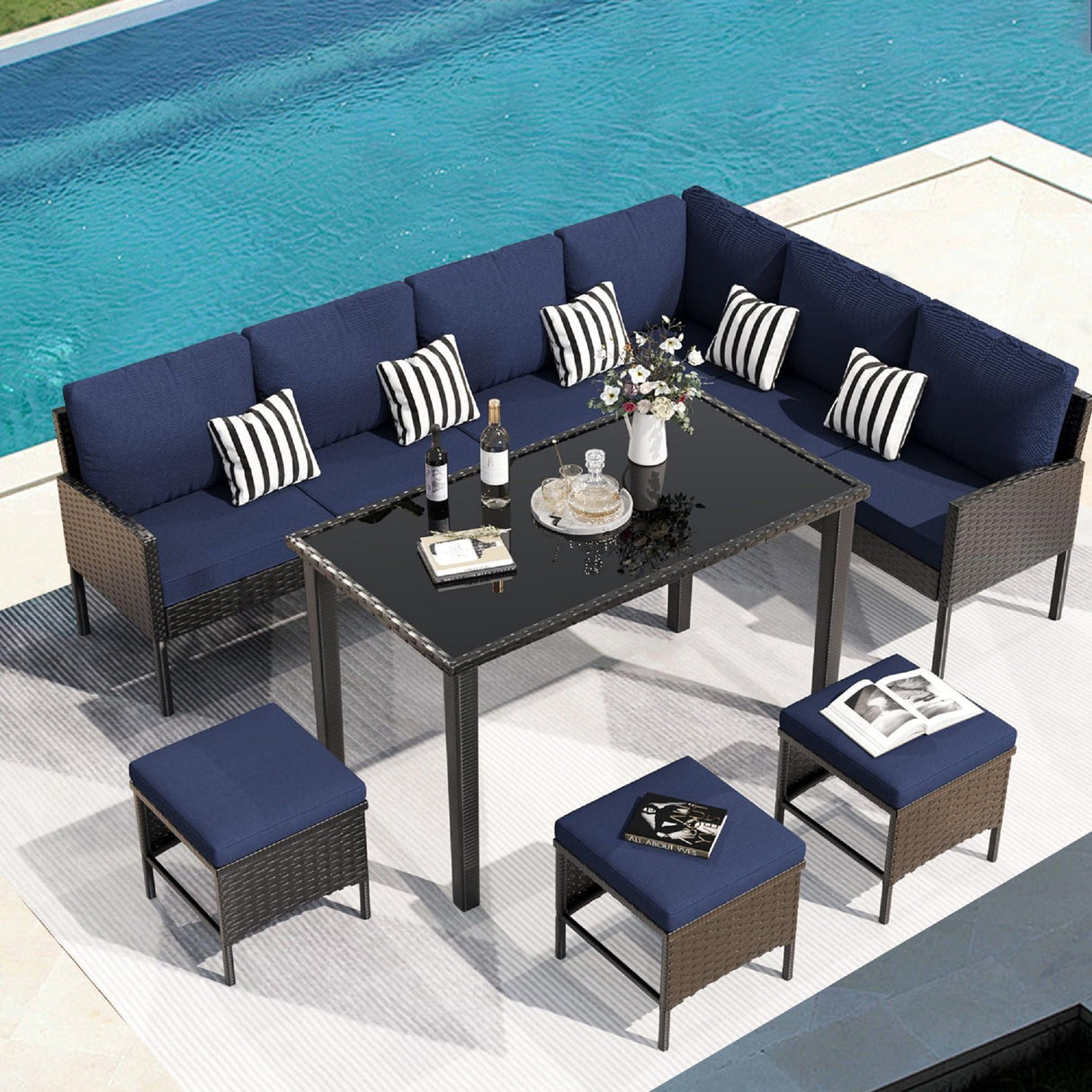 7 Piece Outdoor Furniture Set with Waterproof Cushions and Glass Table - Blue
