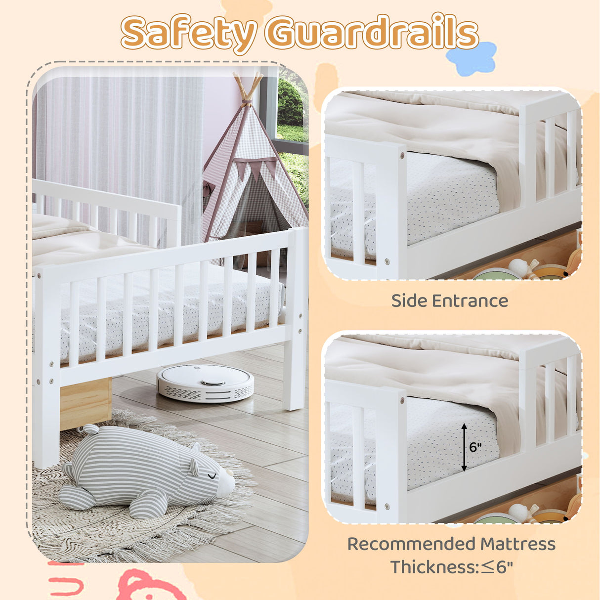 Bed With Headboard Storage Rack, 2 Under Bed Drawers, 3 Side Guardrails For Safety