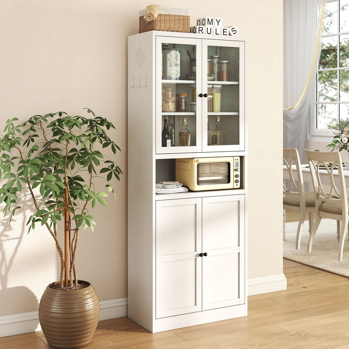 Metal Kitchen Pantry Cabinet Tall Storage With Adjustable Shelves, Heavy Duty Stainless Steel Frame - White