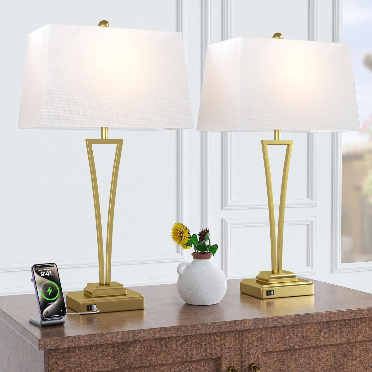 Gold Table Lamps Set of 2, 30.5-Inch Tall with USB Charging Ports